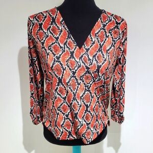 Michael Kors Women's Sienna Snakeskin Faux Wrap Long Sleeve Blouse Small Orange